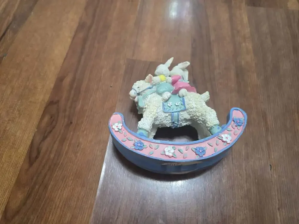 Vintage Resin Easter Bunny Rabbit Figurines Riding On Blue Rocking Lamb READ